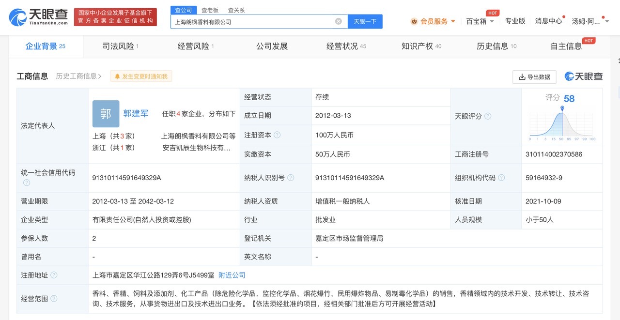 天眼查315数据：#朗枫香料公司仅2人参保#