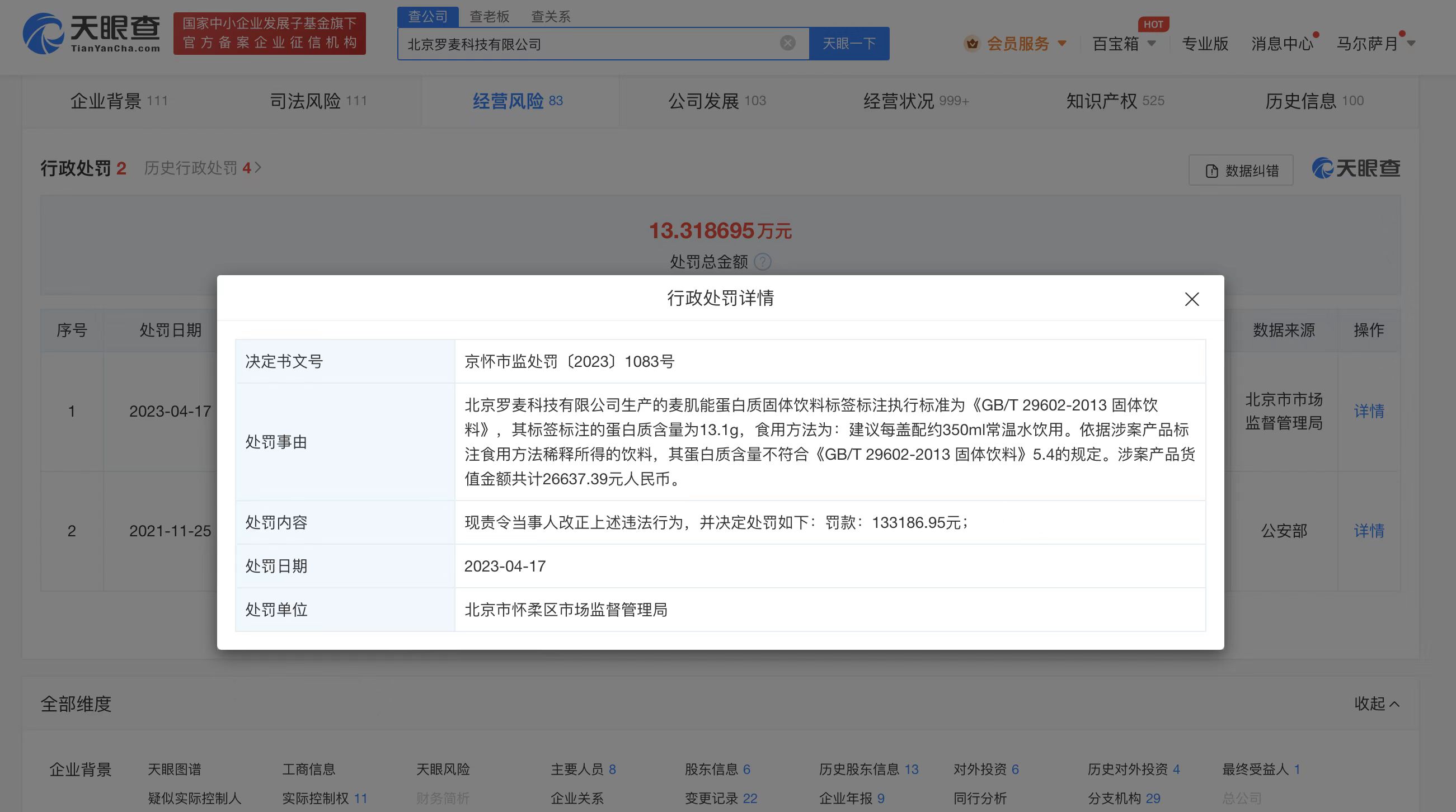 罗麦蛋白质饮料不合格被罚13万