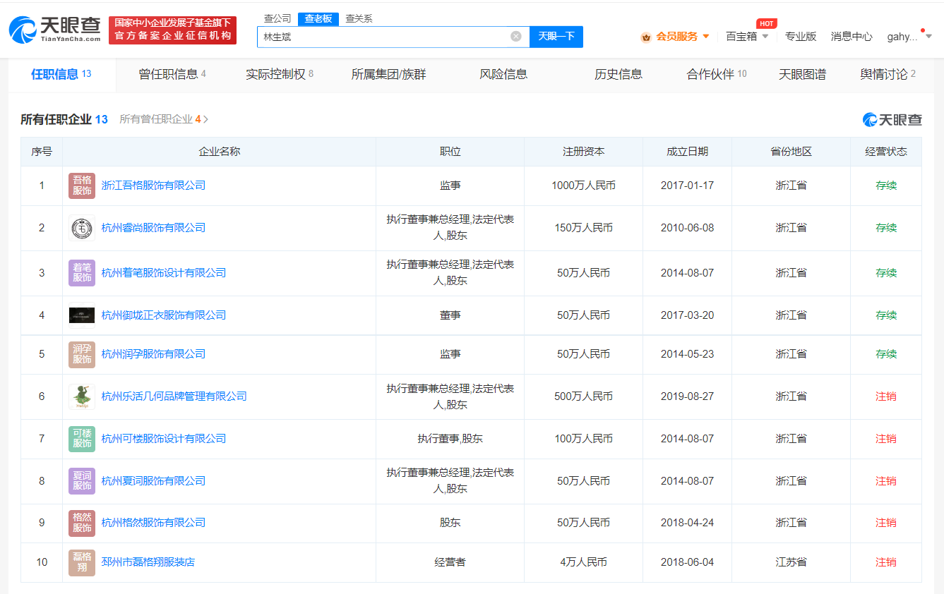 林生斌关联多家公司已注销
