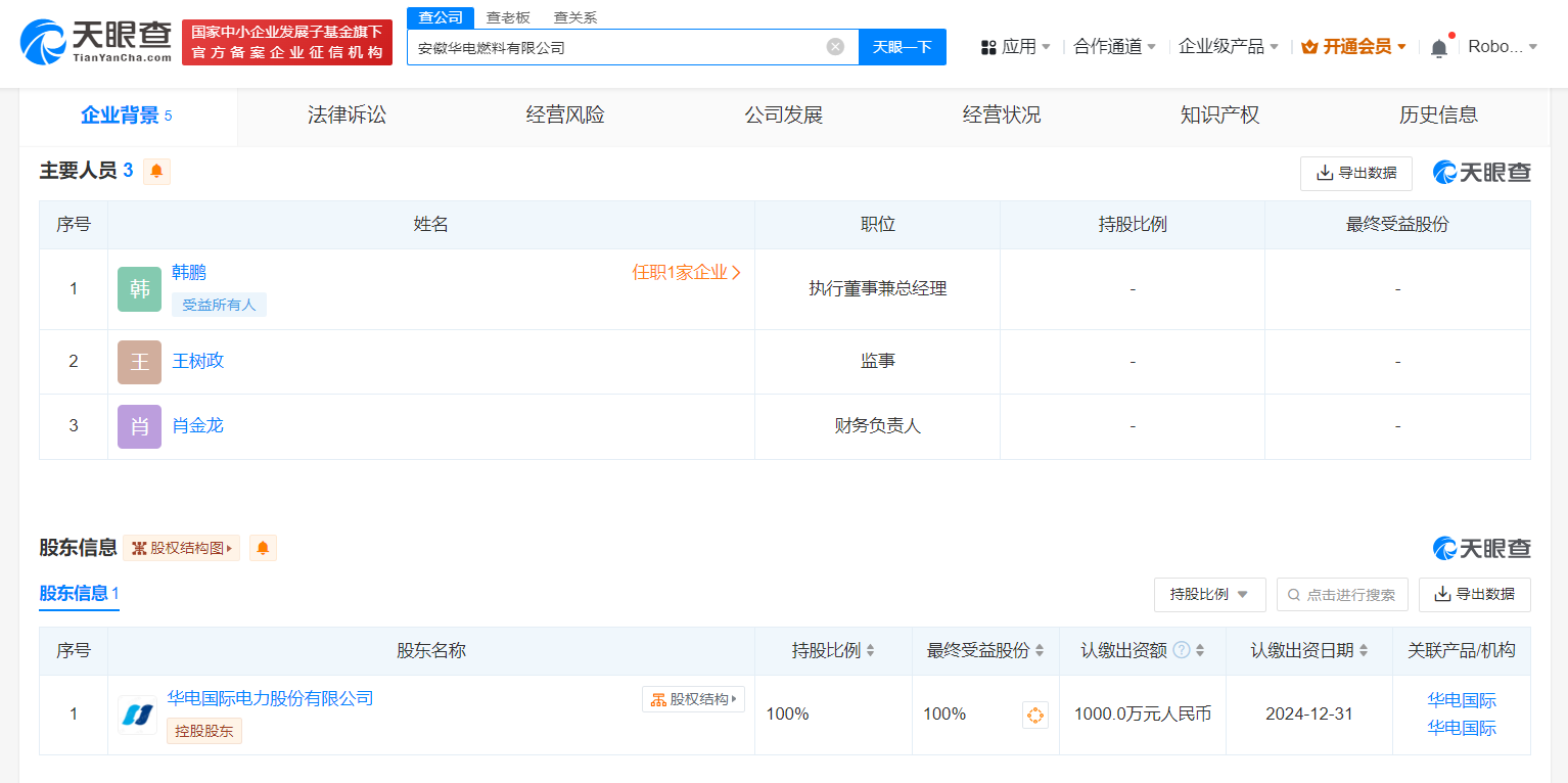 #华电国际在安徽成立燃料公司# 注册资本1000万