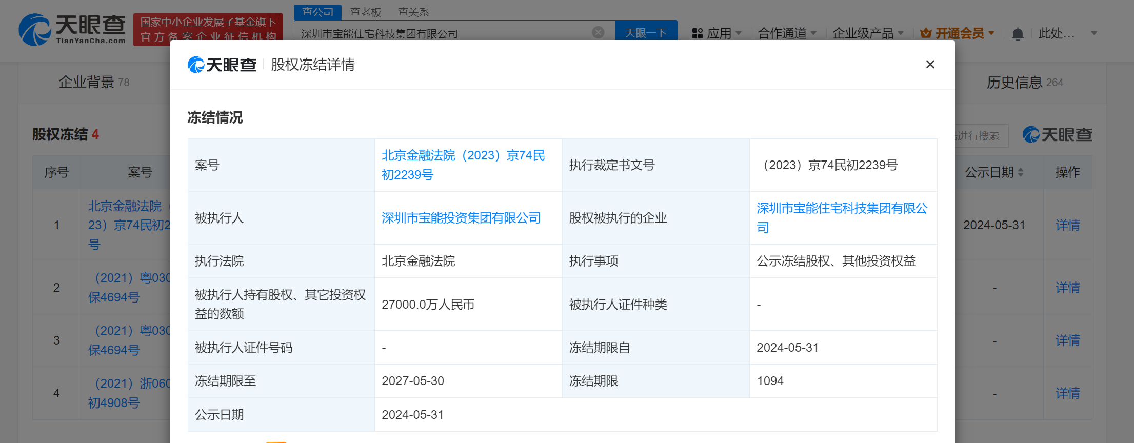 宝能所持2.7亿股权被冻结