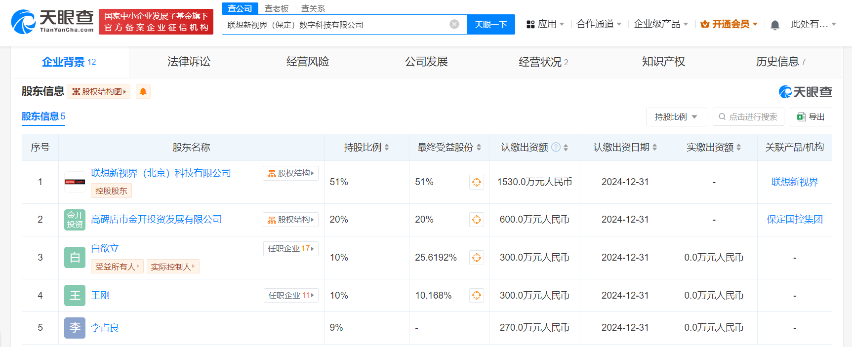 #联想新视界等在保定成立新公司# 注册资本3000万