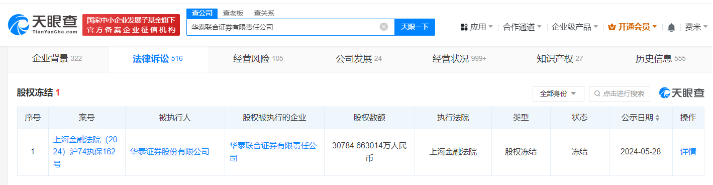 #华泰证券所持3亿股权被冻结#
