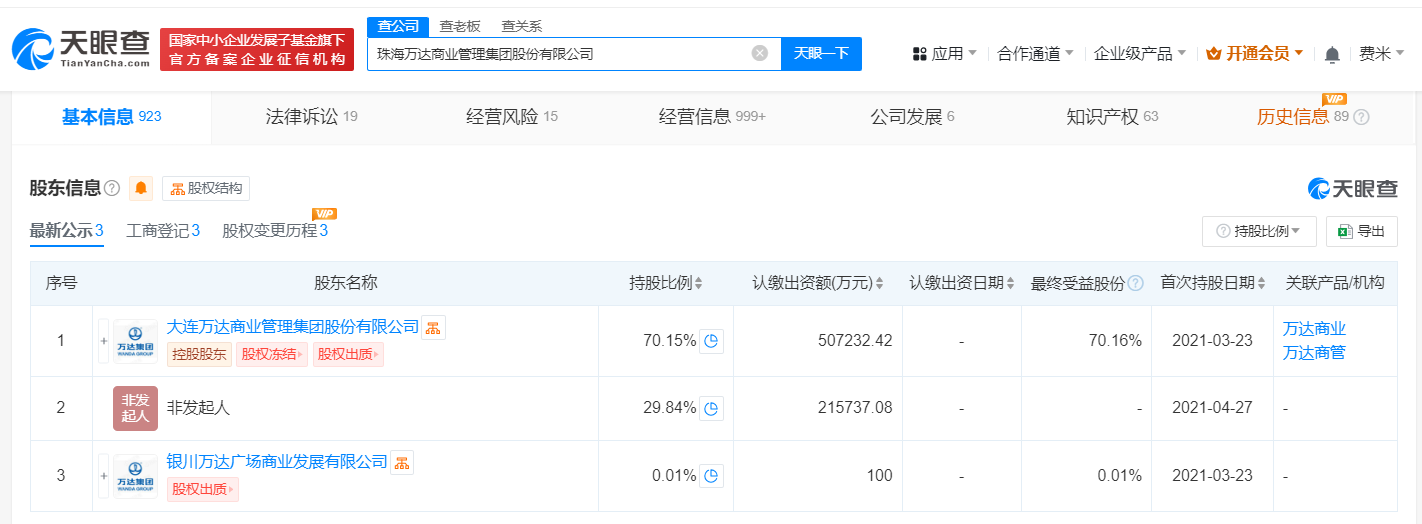 珠海万达1.8亿股权被冻结