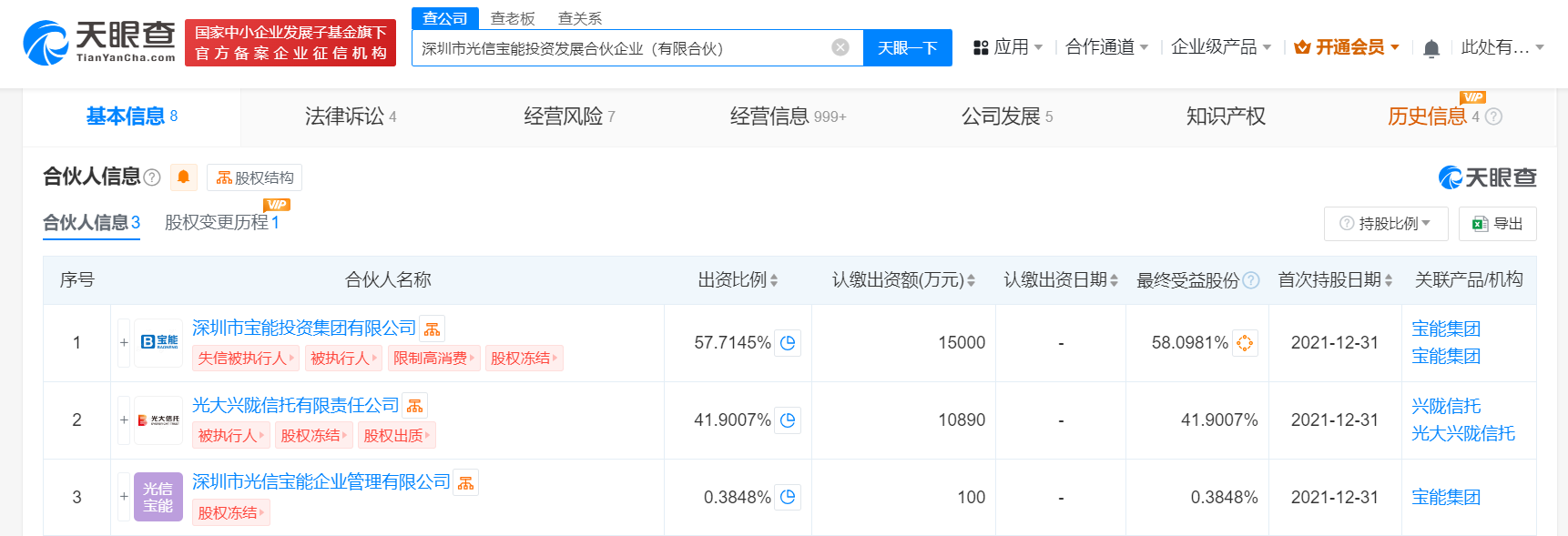 宝能所持1.5亿股权被冻结