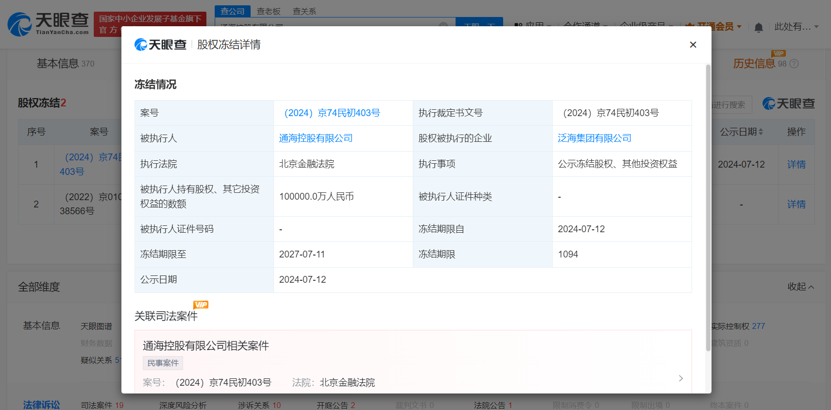 通海控股所持泛海集团10亿股权被冻结