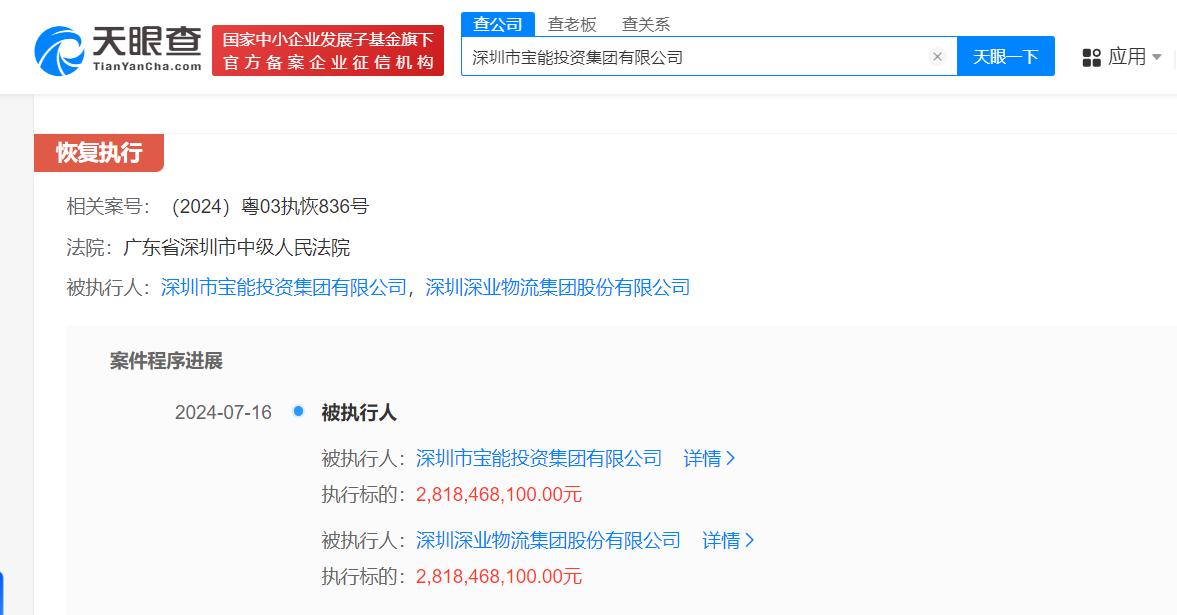 宝能等被恢复执行28.2亿
