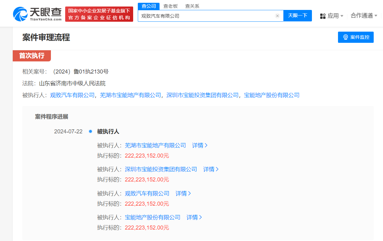观致汽车及宝能被强执2.2亿