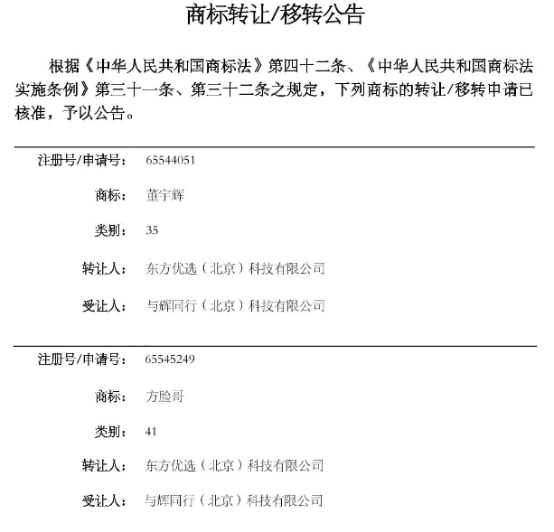 东方甄选已转让董宇辉商标