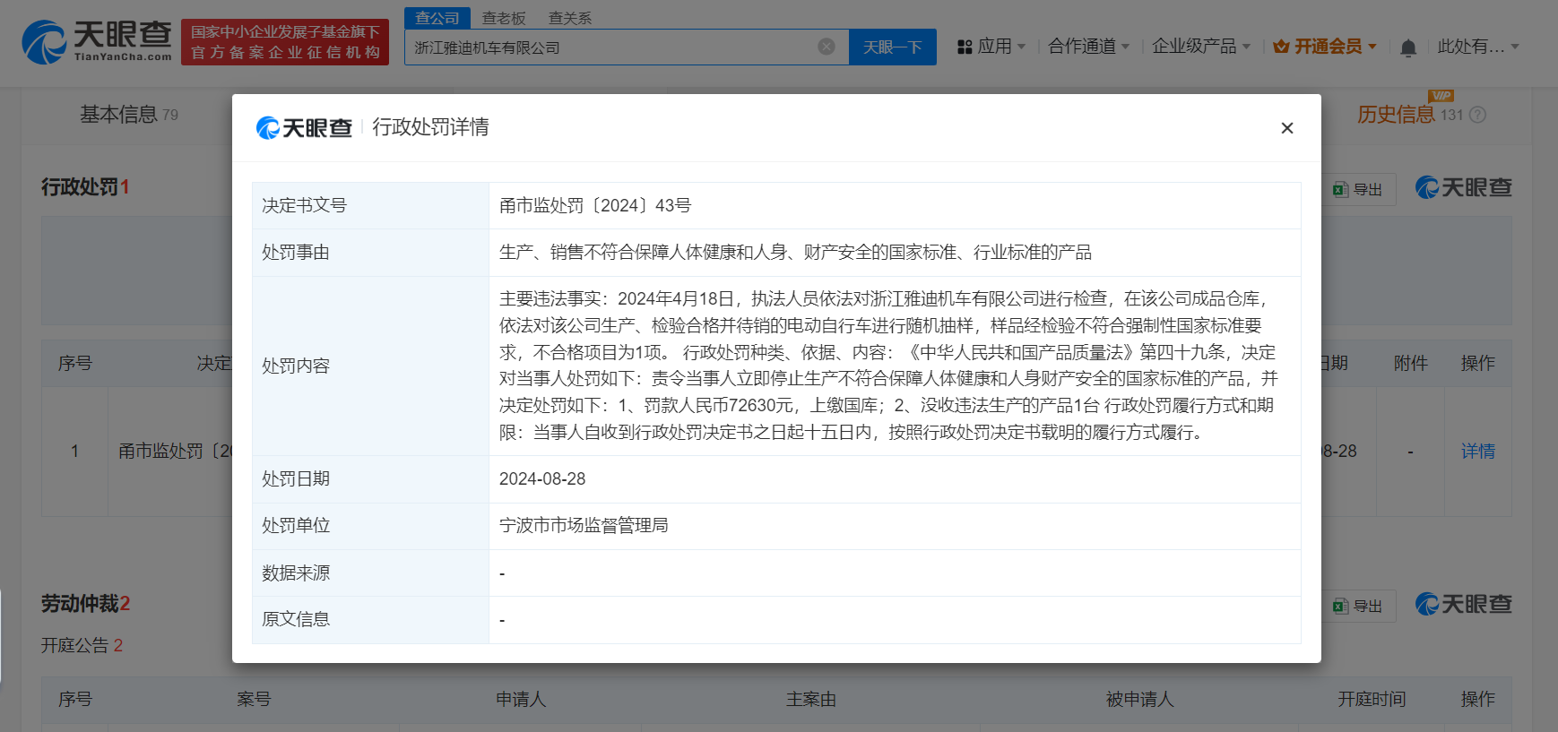 雅迪子公司产品不符合国标被罚7.2万