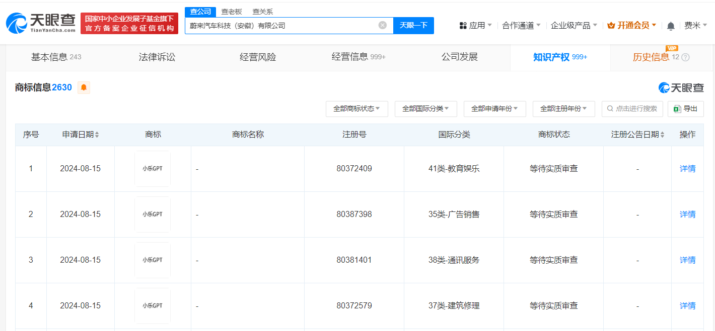 蔚来申请注册小乐GPT商标