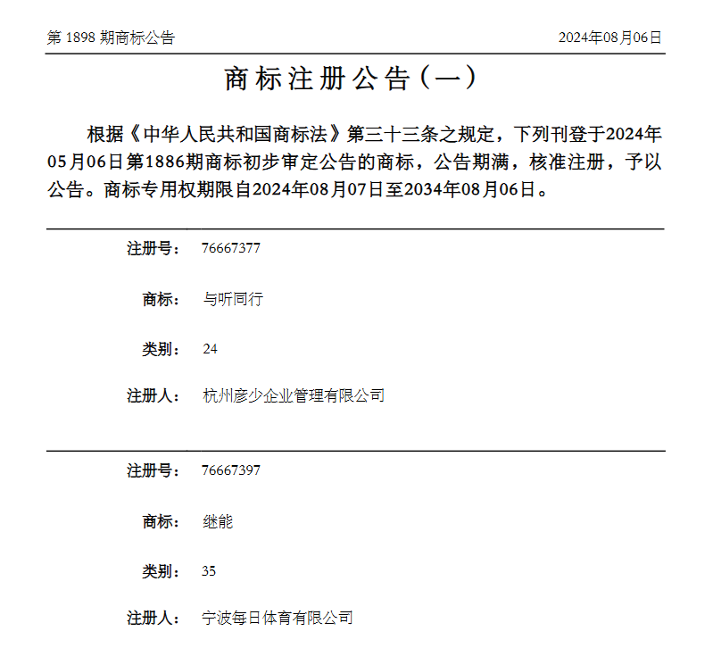 张继科合作公司成功注册继能商标