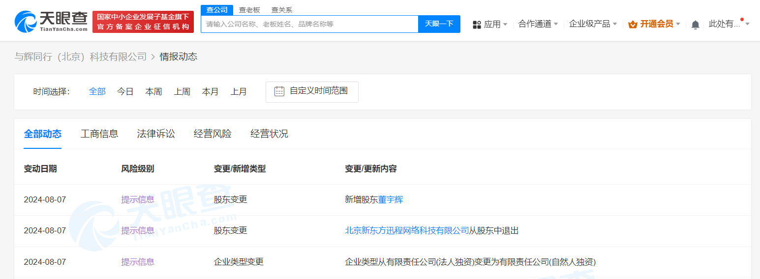 新东方出售与辉同行完成工商变更