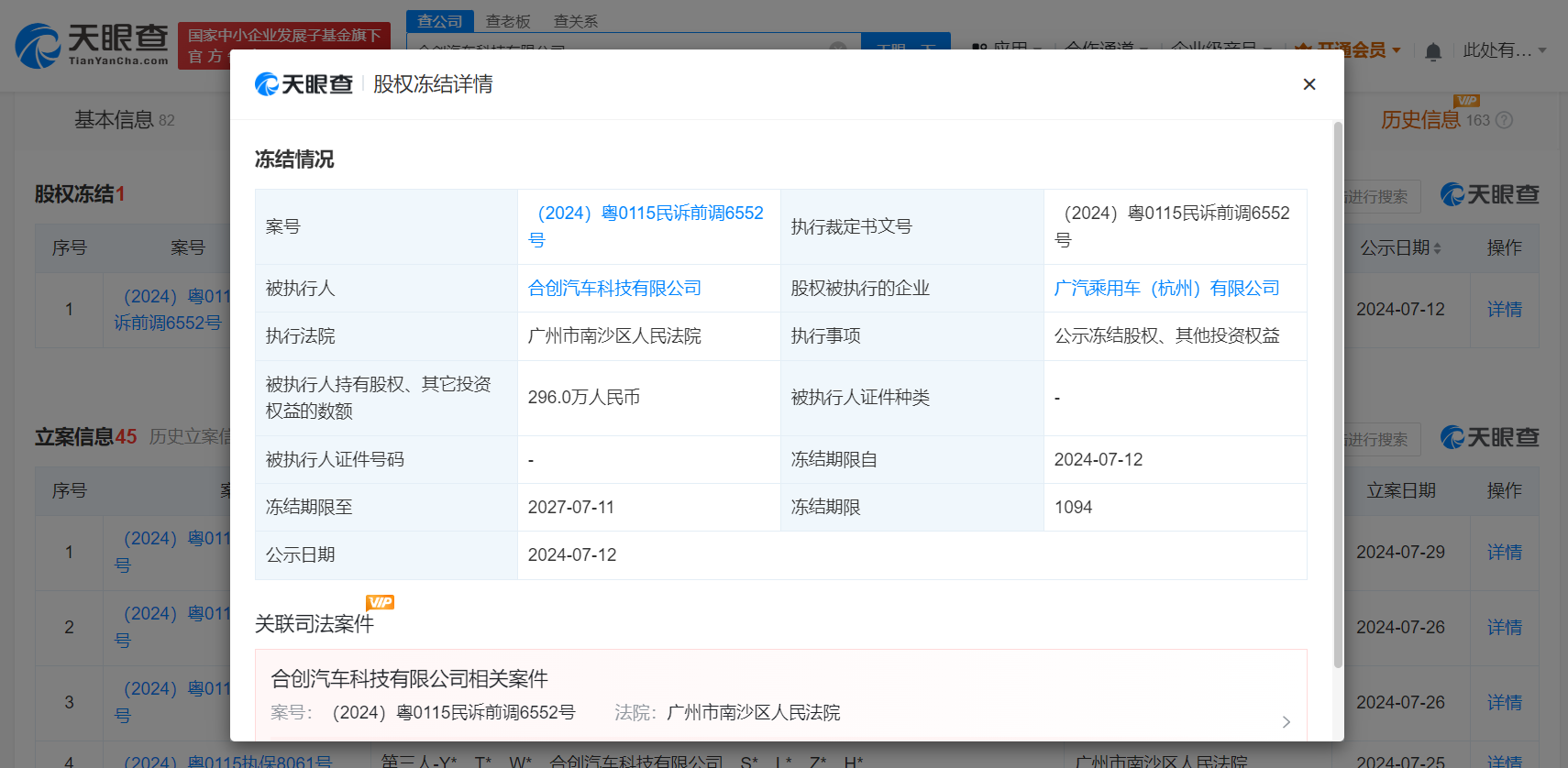 合创汽车所持296万股权被冻结