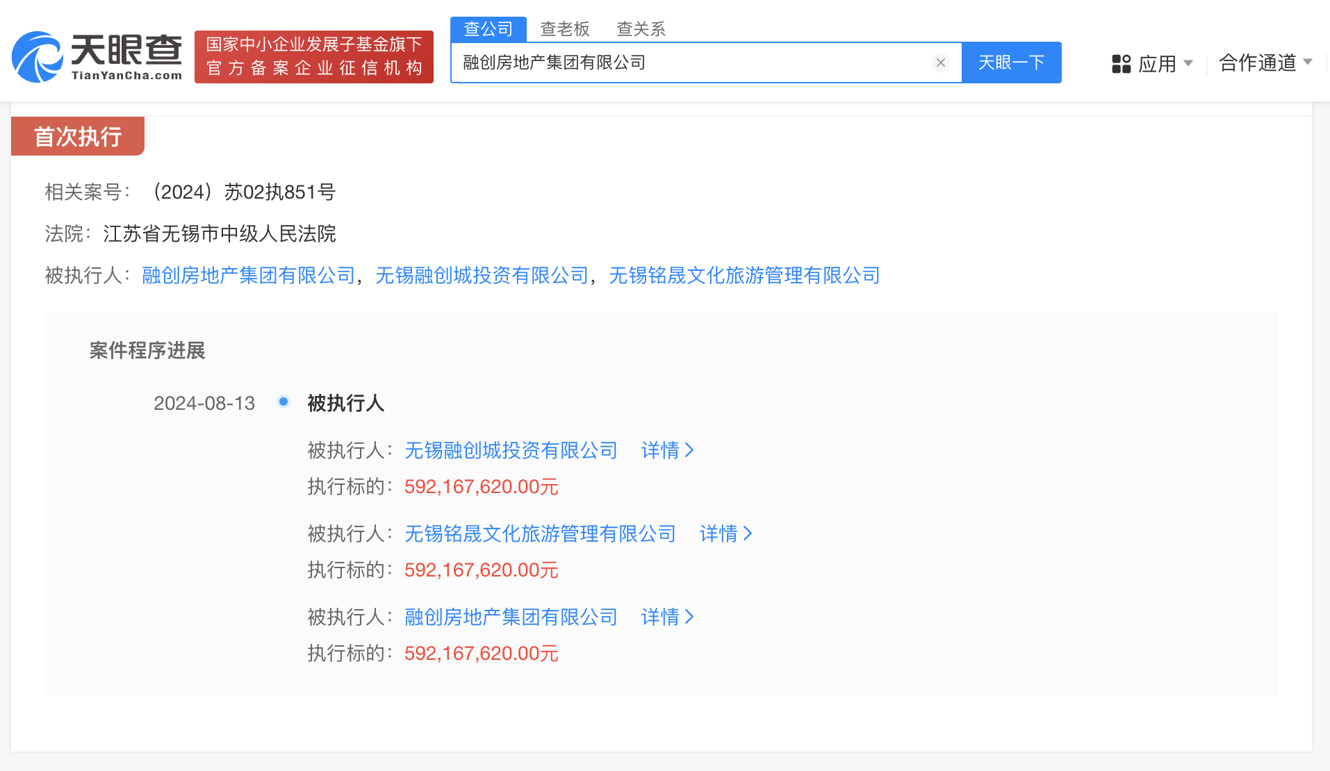 融创房地产等被强执5.92亿