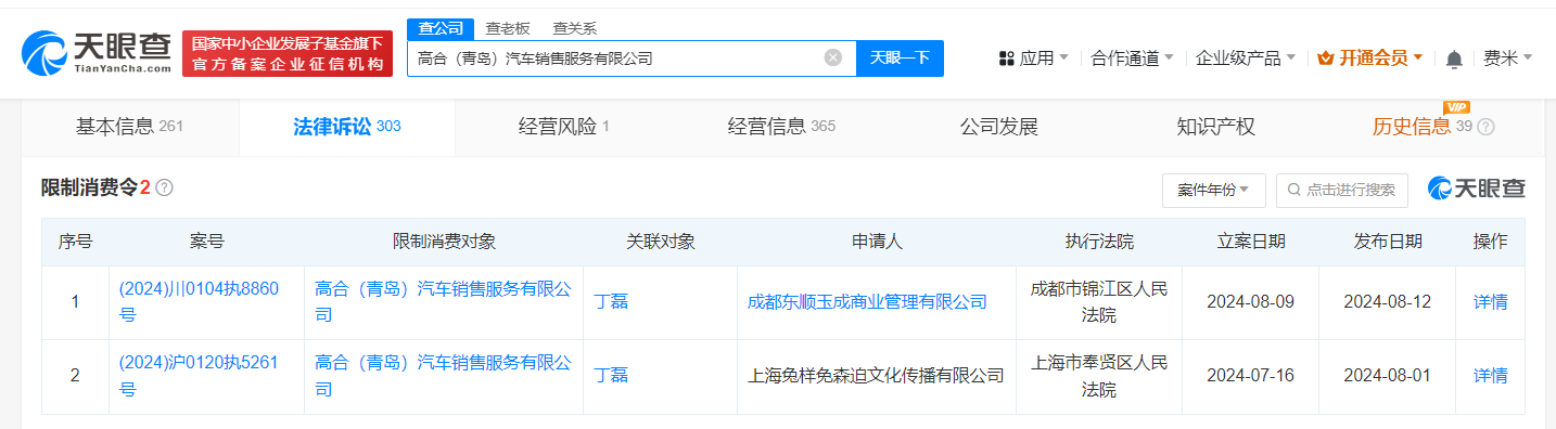 高合汽车销售公司被强执374万