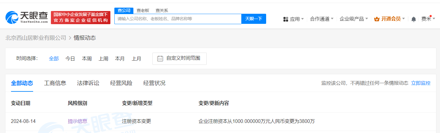 西山居旗下影业公司增资至3800万