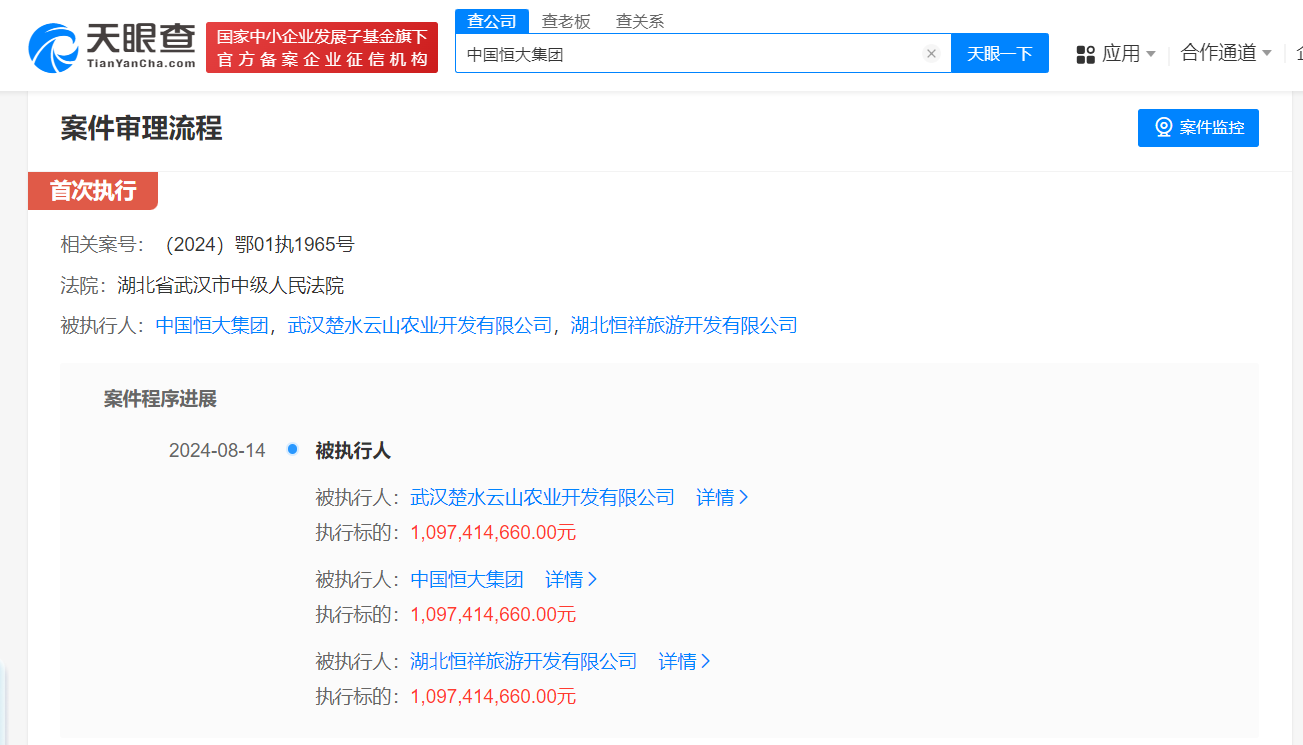 中国恒大等被强制执行10.9亿