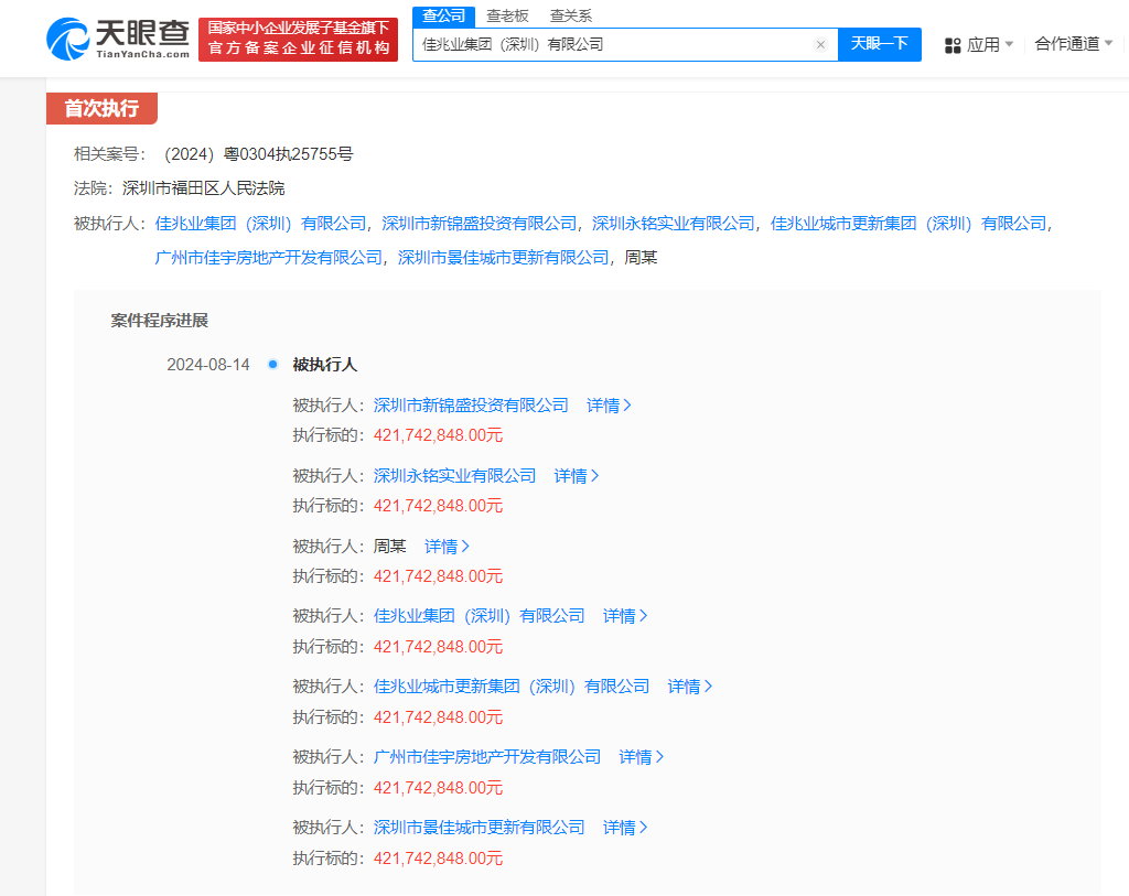 佳兆业等被强制执行4.2亿