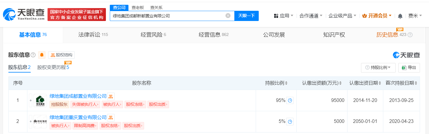 绿地成都置业公司所持9.5亿股权被冻结