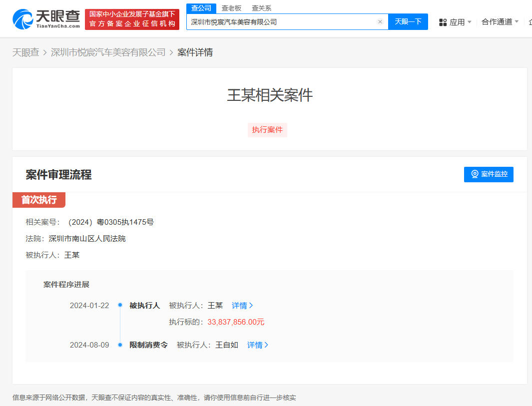 王自如未履行3383万案款已被限消