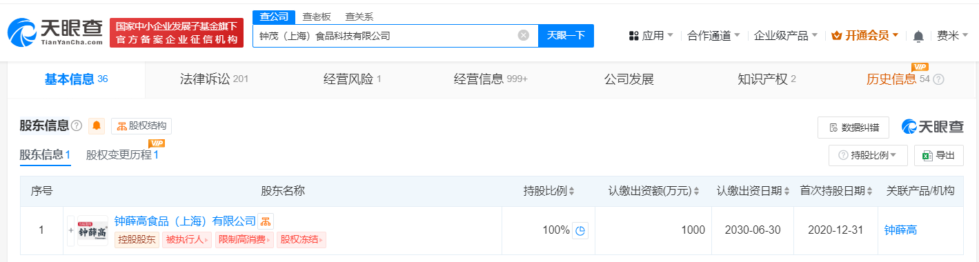 钟薛高子公司被强制执行55万