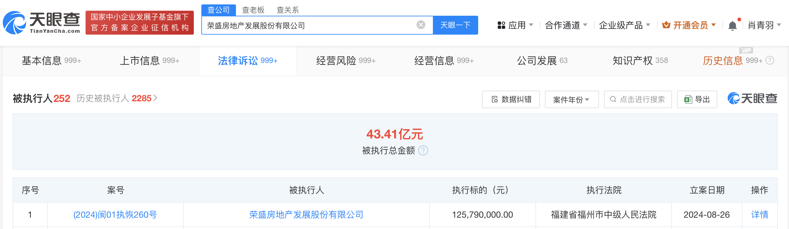 荣盛发展等被强执1.25亿
