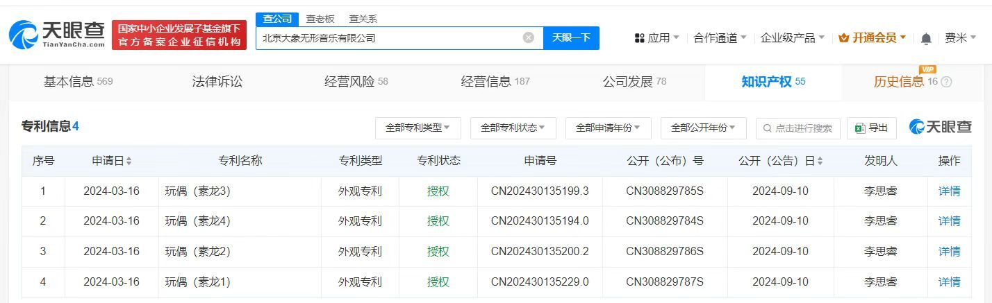 汪苏泷公司申请素龙玩偶外观专利