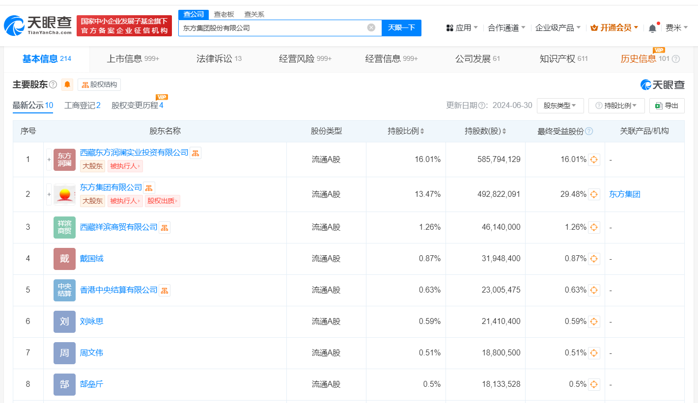 东方集团所持2650万股权被冻结