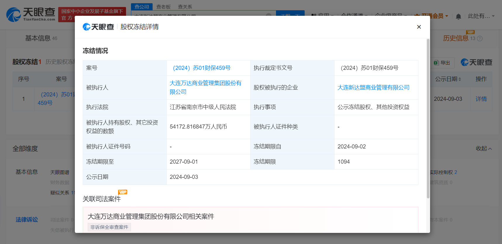 万达商管所持5.4亿股权被冻结