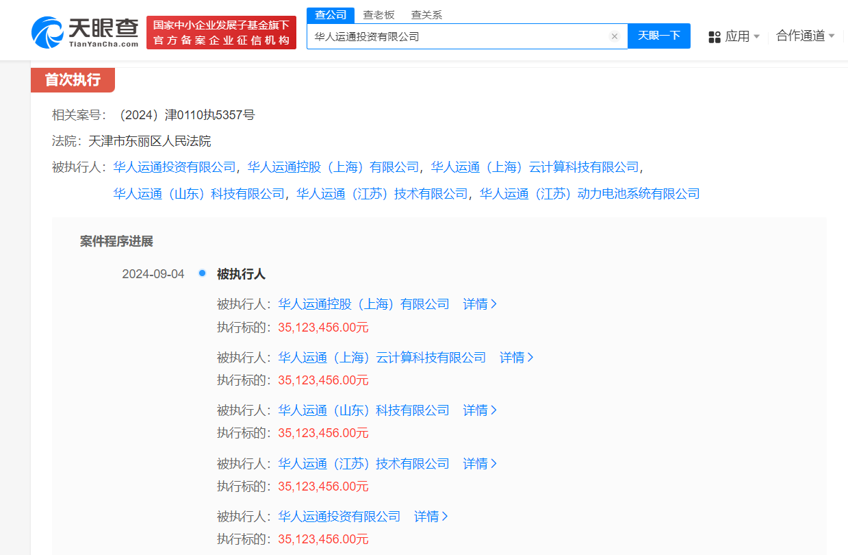 华人运通多家公司被强执3512万