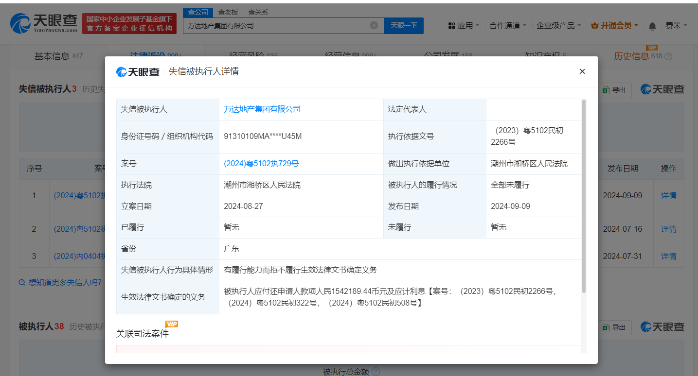 万达地产等未履行154万案款成老赖