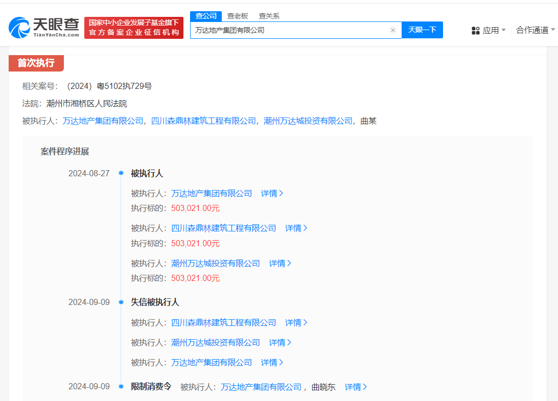 万达地产等未履行154万案款成老赖