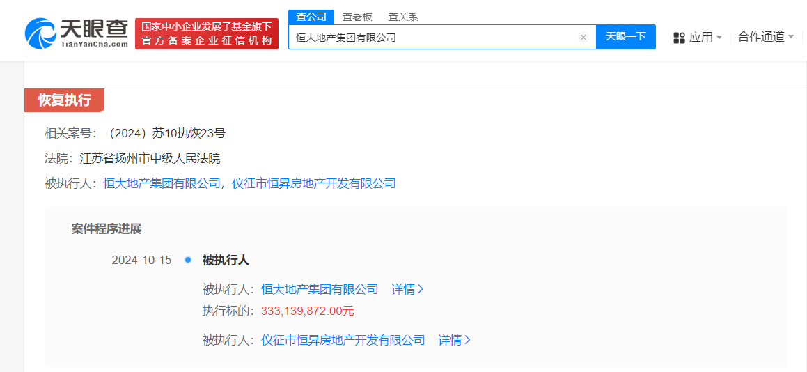 恒大地产等被强制执行12.5亿