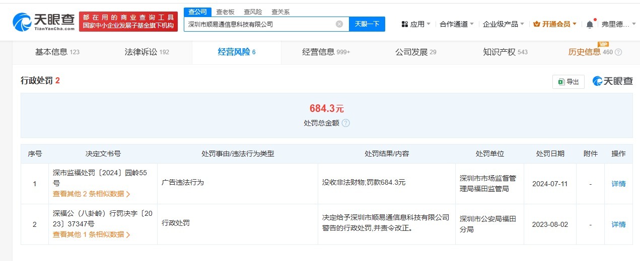 天眼查315数据：#手机抽奖套路顺易通公司曾因广告违法被罚#