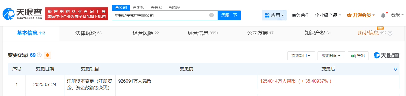 #中核辽宁核电公司增资至约125.4亿# 增幅约35%