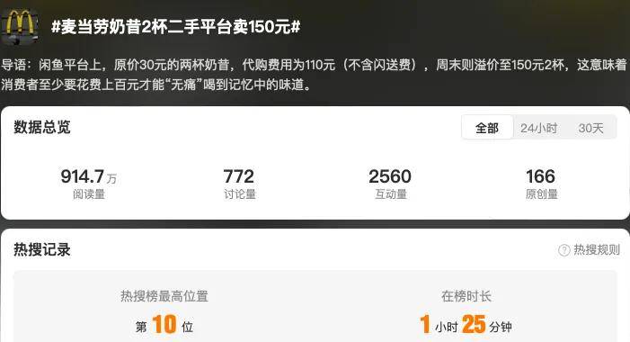 麦当劳复活奶昔走红，二手平台2杯卖到150被指饥饿营销……