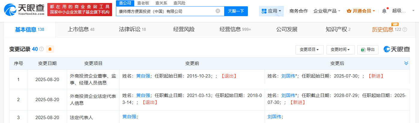 康师傅方便面公司董事长变更