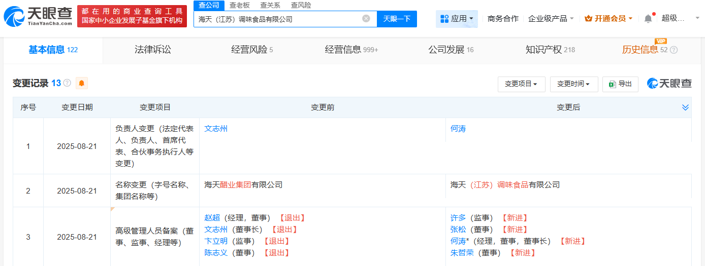 海天醋业集团董事长变更