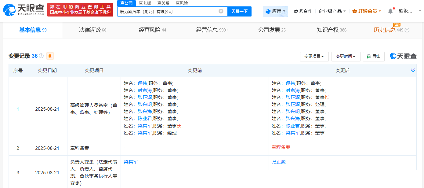 赛力斯汽车湖北公司董事长变更