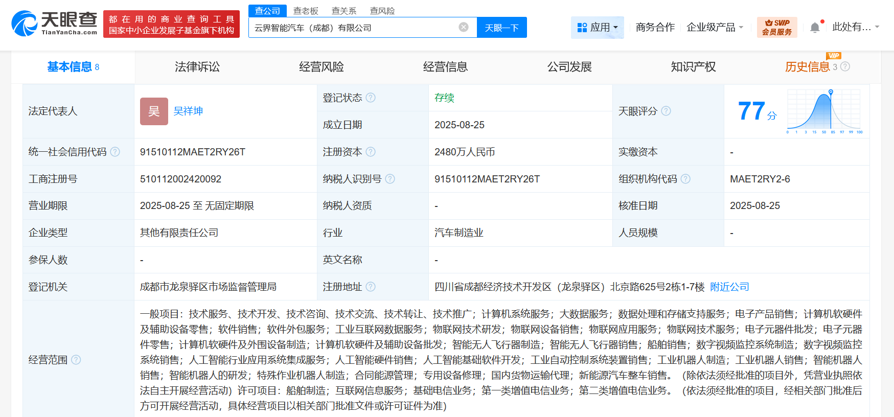 #野马汽车等在成都成立智能汽车公司# 注册资本2480万