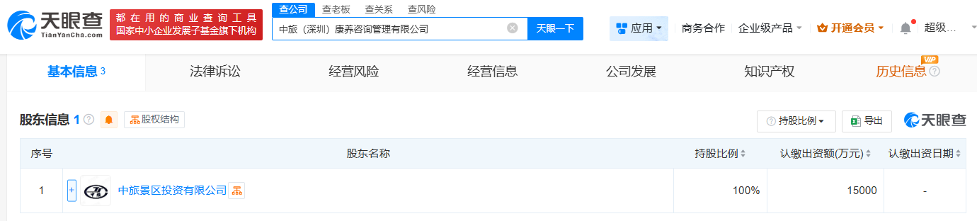 #中旅景区在深圳成立康养咨询管理公司# 注册资本1.5亿