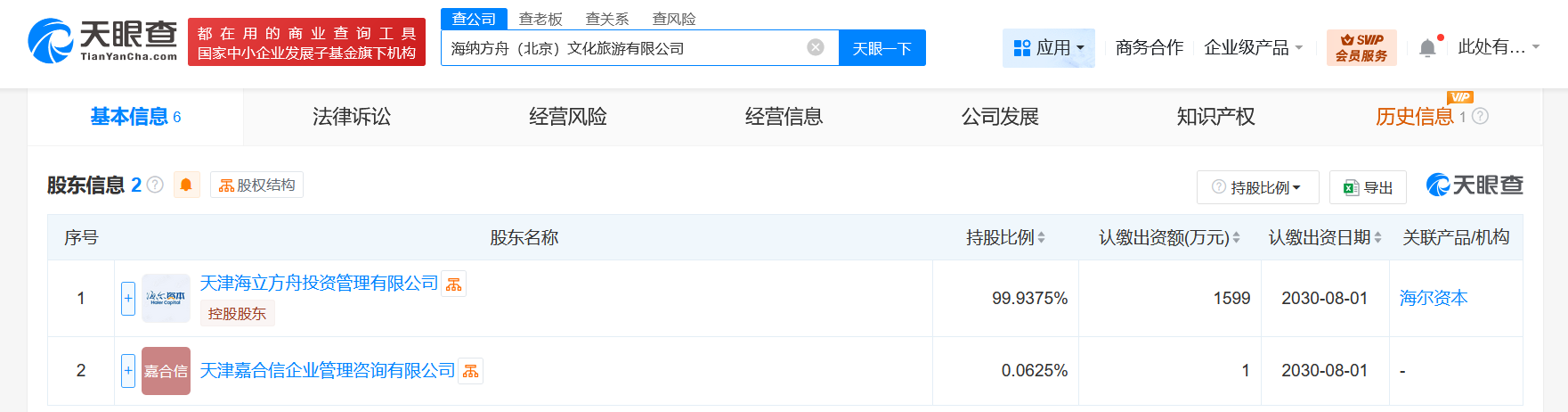 #海尔集团等在北京成立文旅公司# 注册资本1600万