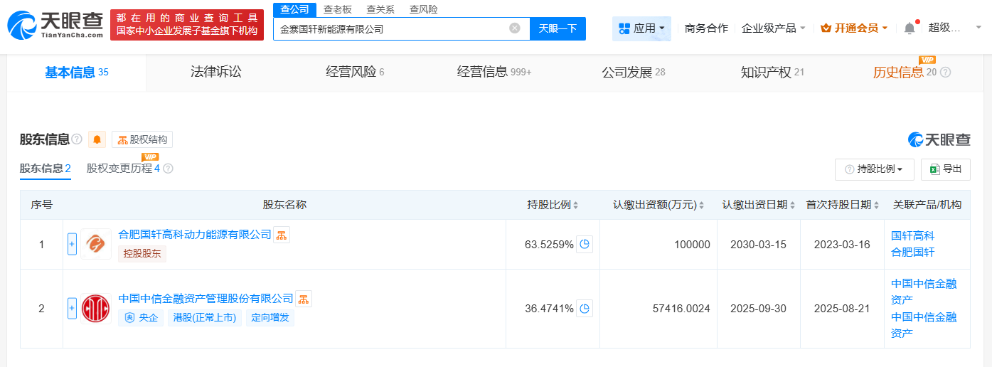 #中信金融资产入股国轩高科旗下金寨公司# 后者增资至15.74亿
