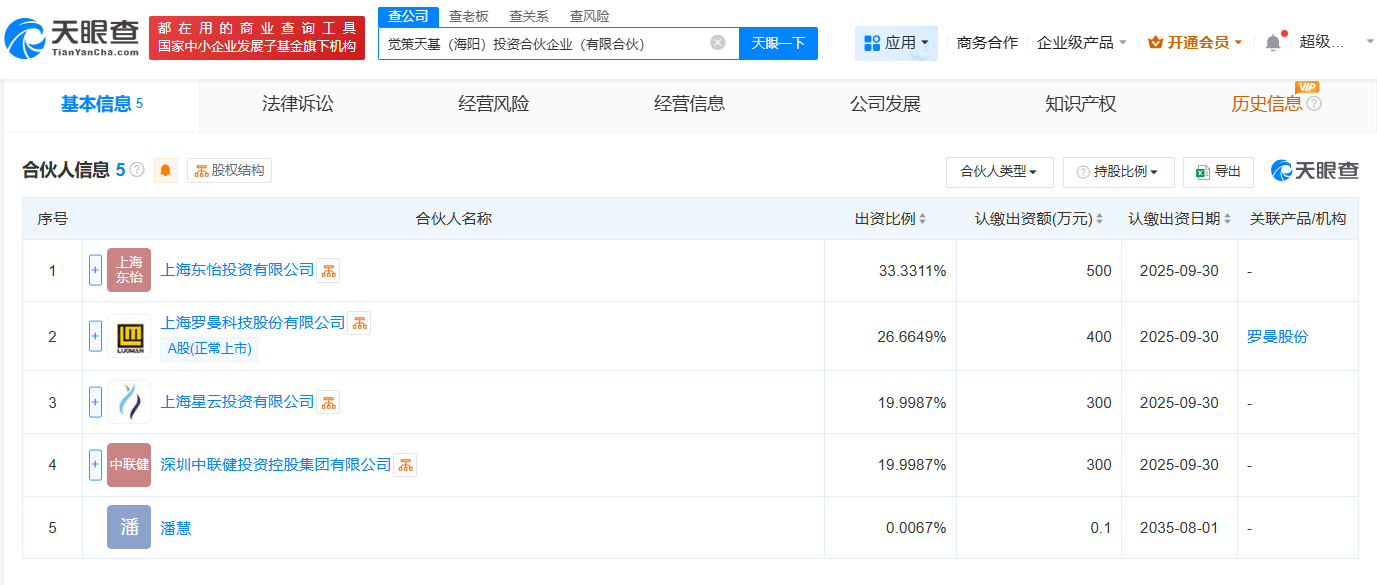 #罗曼股份等成立觉策天基投资合伙企业# 出资额1500.1万