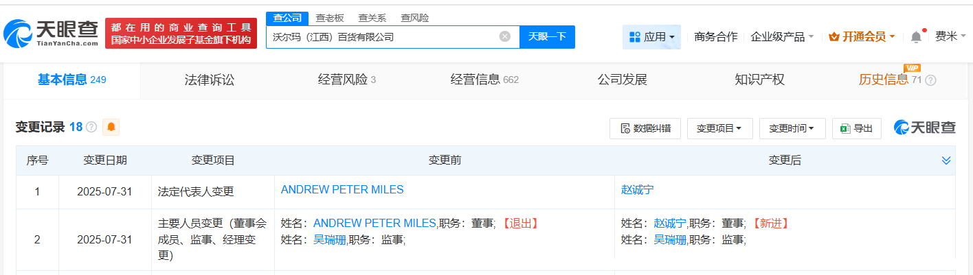 沃尔玛多地公司发生高管变更