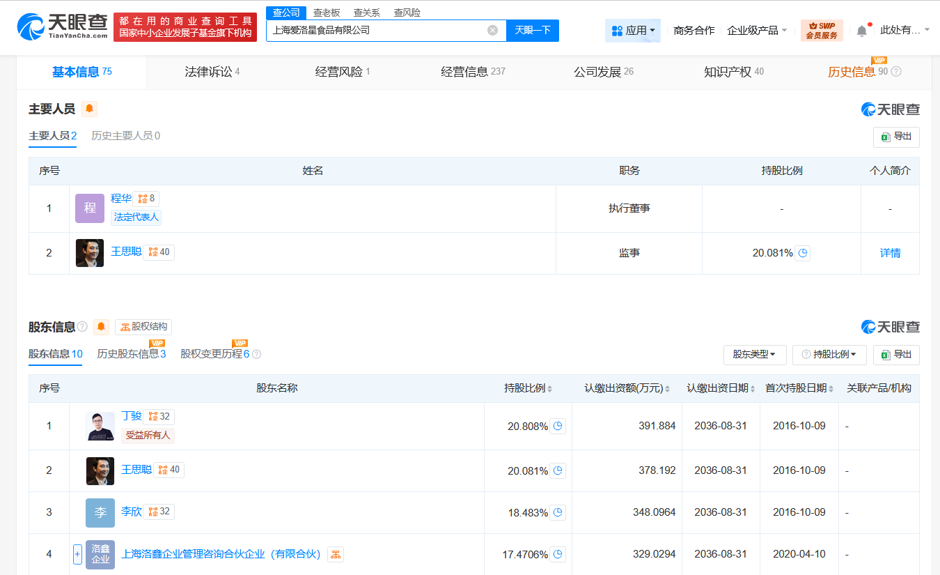 王思聪持股食品公司经营异常