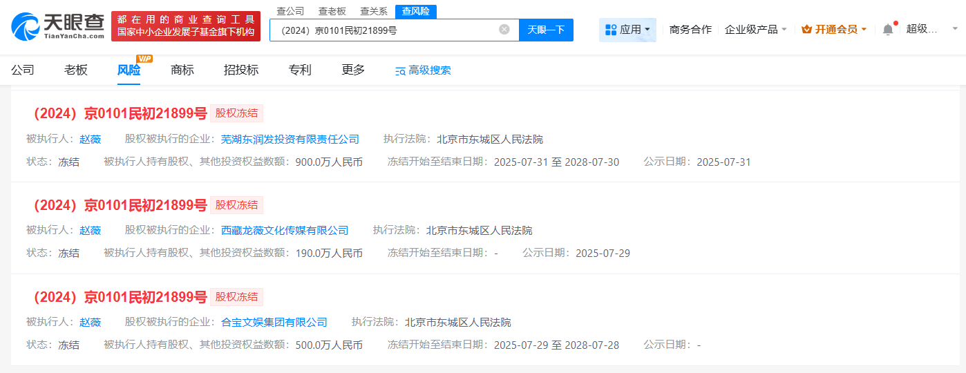 赵薇被冻结1590万股权