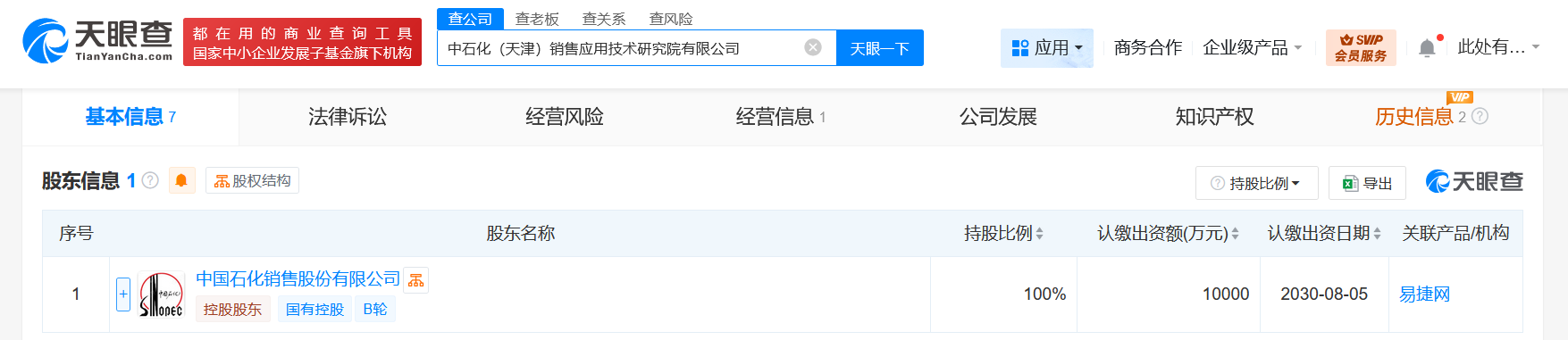 #中国石化在天津成立销售应用技术研究院# 注册资本1亿
