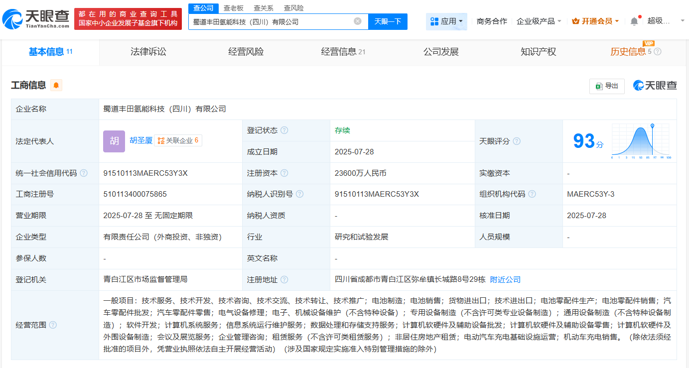 #丰田汽车、蜀道装备等成立氢能科技公司# 注册资本2.36亿
